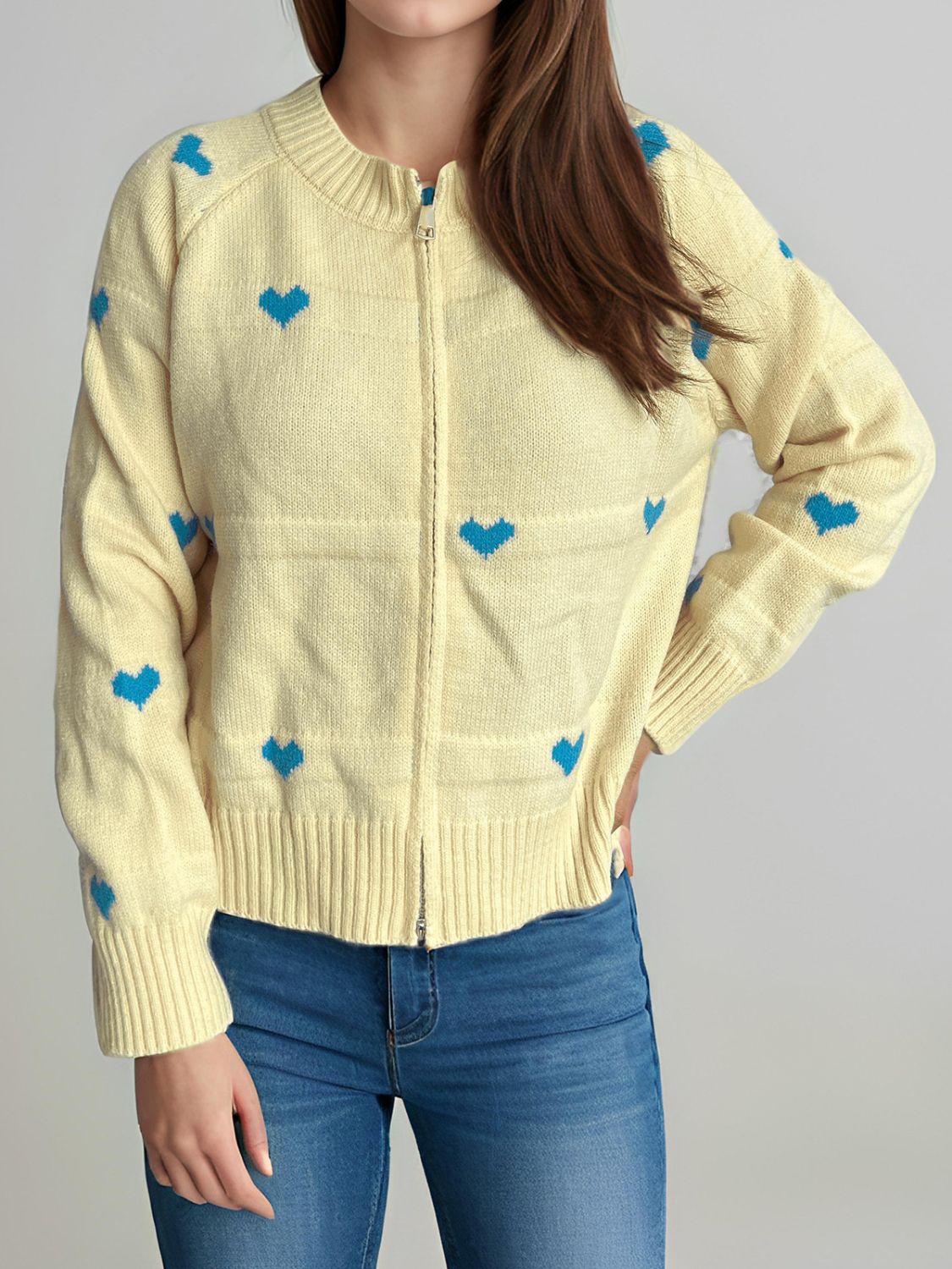 Heart Round Neck Zip Up Cardigan-Angel Casuals