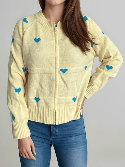 Heart Round Neck Zip Up Cardigan-Angel Casuals
