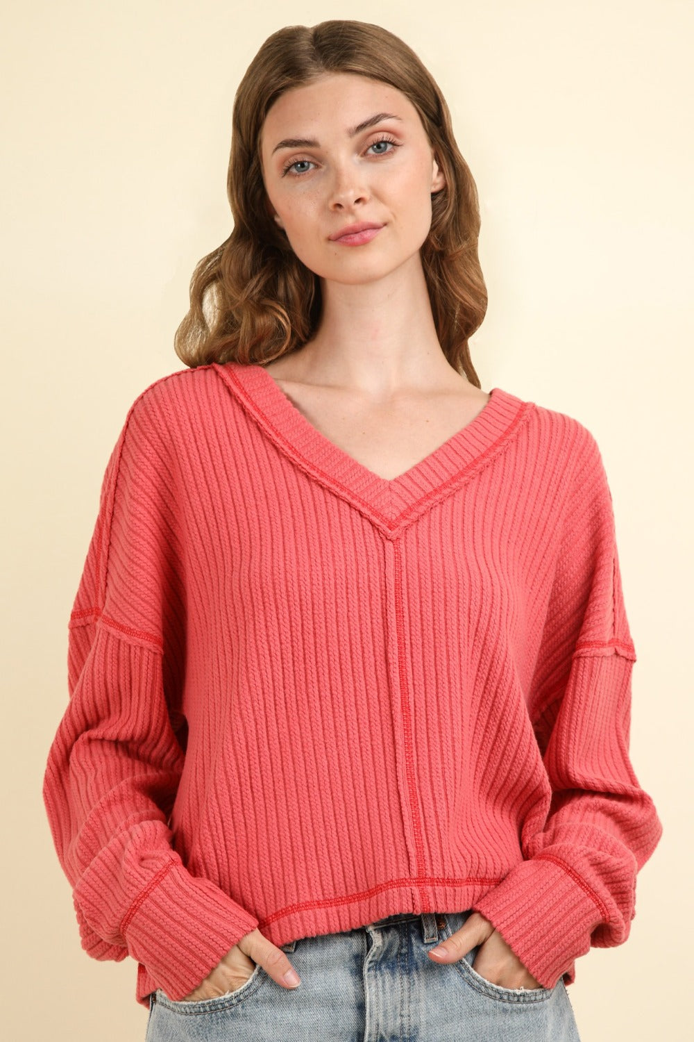 VERY J Exposed Seam V-Neck Ribbed Knit Top-Angel Casuals