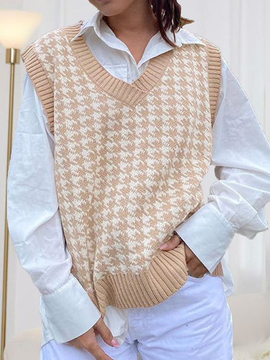 Houndstooth V-Neck Sweater Vest-Angel Casuals