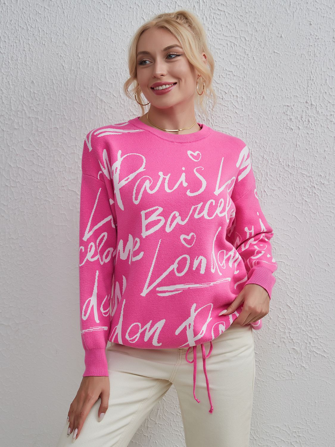 Drawstring Hem Letter Pattern Round Neck Dropped Shoulder Sweater-Angel Casuals