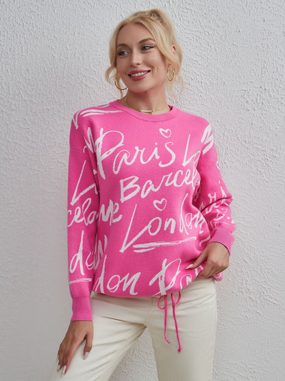 Drawstring Hem Letter Pattern Round Neck Dropped Shoulder Sweater-Angel Casuals