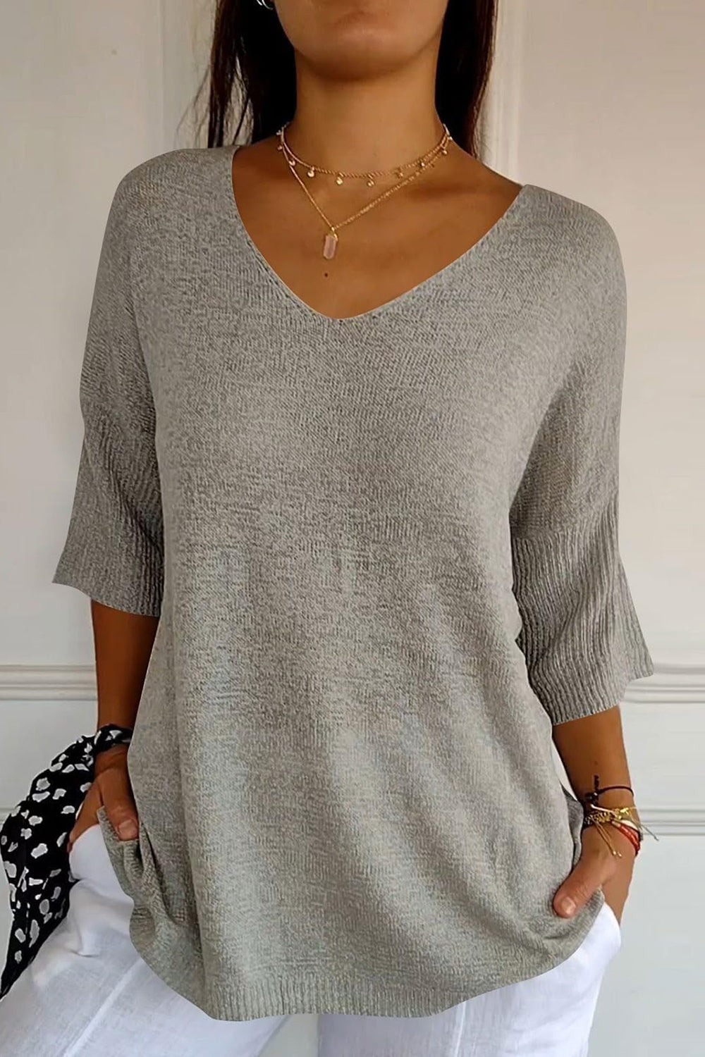 V-Neck Three-Quarter Sleeve Knit Top-Angel Casuals