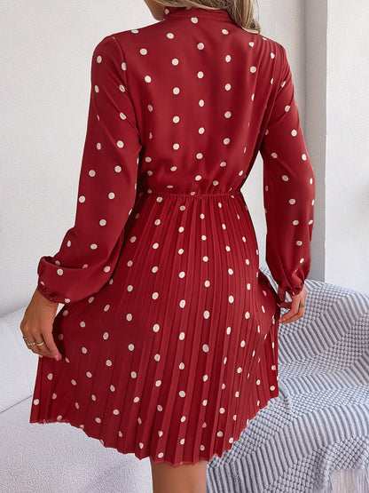 Polka Dot Tie Neck Pleated Dress-Angel Casuals