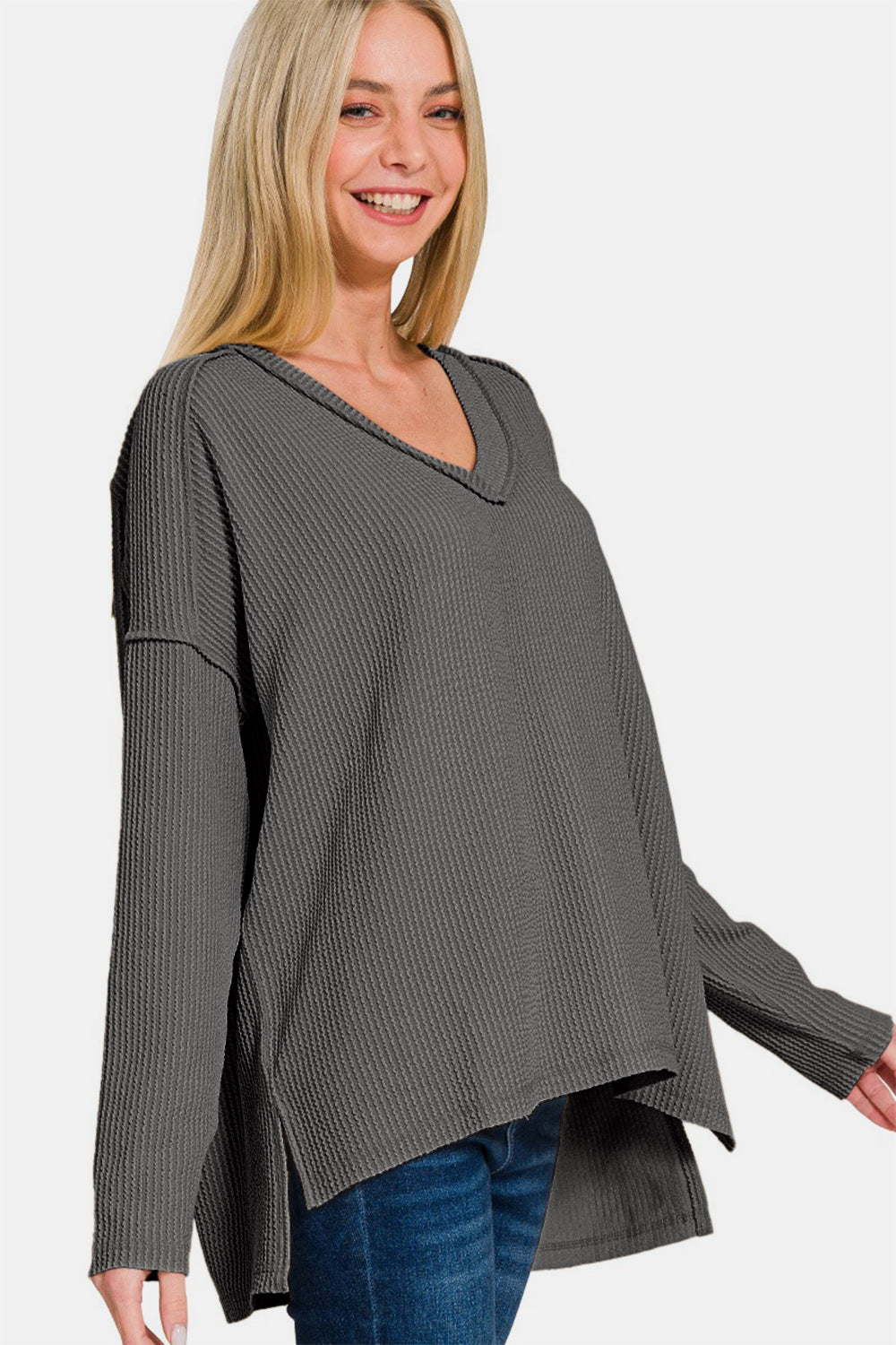 Zenana Texture Exposed Seam V-Neck Long Sleeve T-Shirt-Angel Casuals