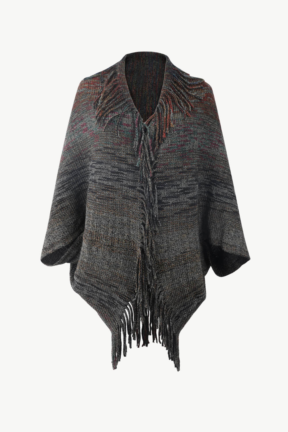 Multicolored Fringe Trim Poncho-Angel Casuals