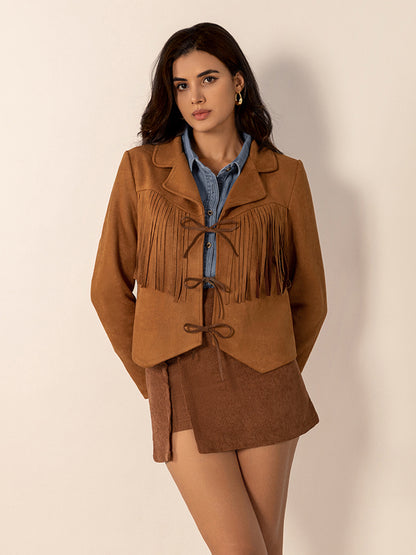 Tied Tassel Collared Neck Long Sleeve Jacket-Angel Casuals