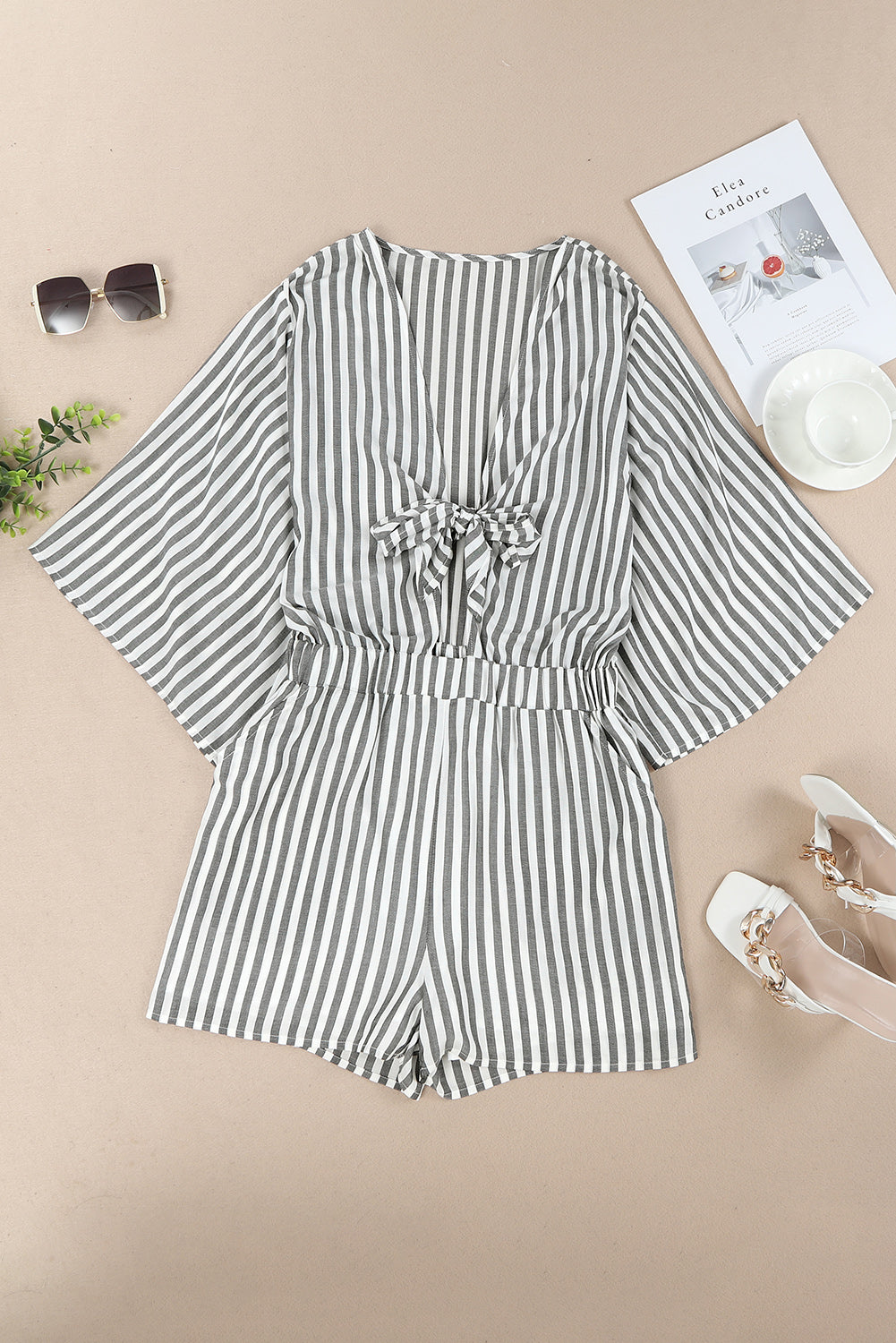 Tied Striped Three-Quarter Sleeve Romper-Angel Casuals