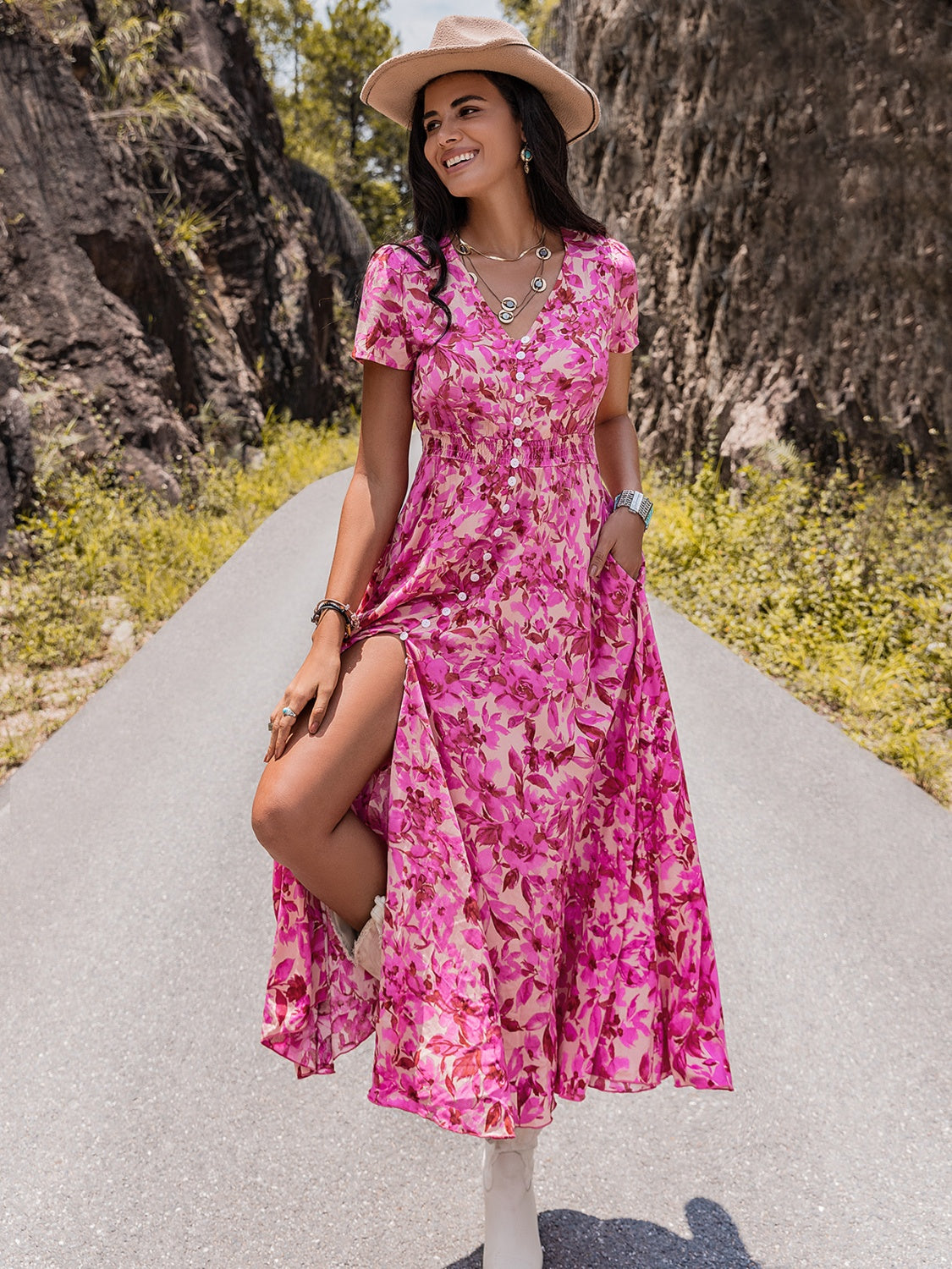 Floral V-Neck Slit Dress-Angel Casuals