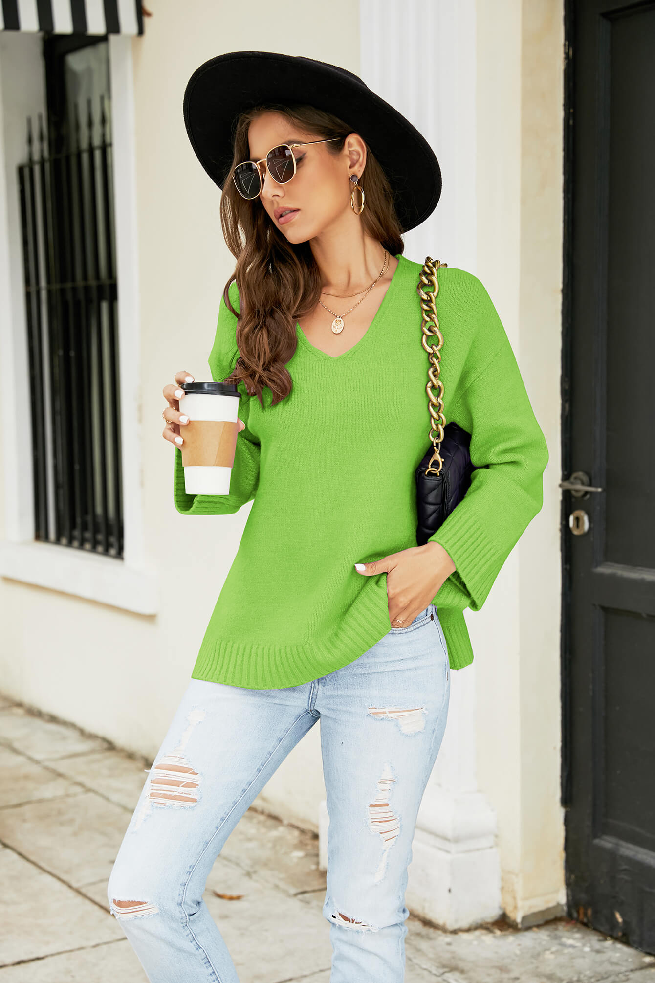 Drop Shoulder V-Neck Knit Pullover-Angel Casuals