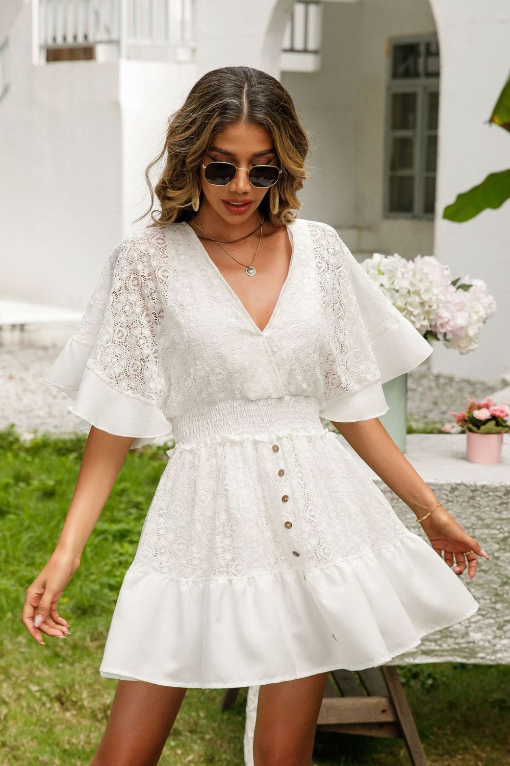 Lace Cutout Surplice Half Sleeve Dress-Angel Casuals