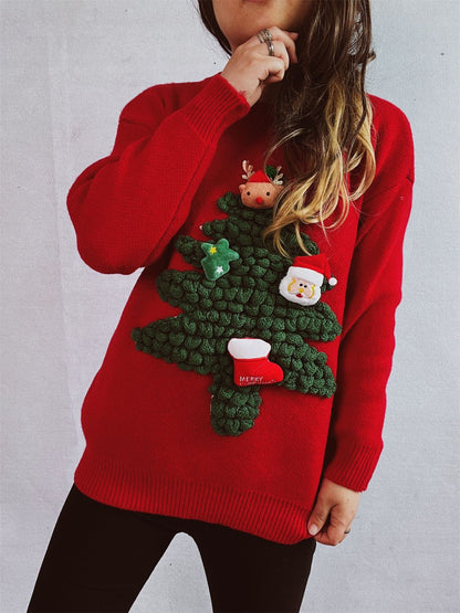 Christmas Tree Round Neck Long Sleeve Sweater-Angel Casuals