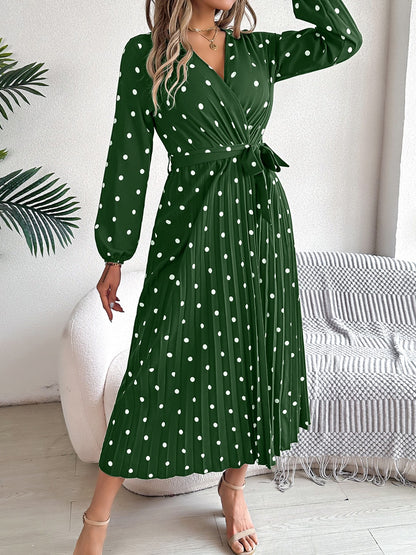 Tied Polka Dot Long Sleeve Midi Dress-Angel Casuals