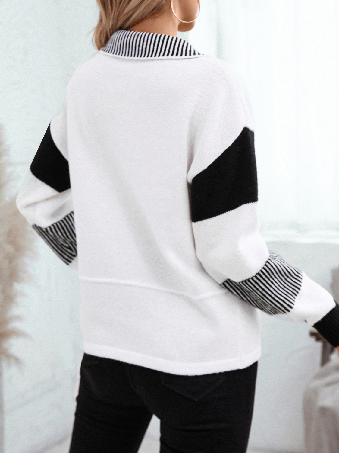 Striped Johnny Collar Drop Shoulder Sweater-Angel Casuals