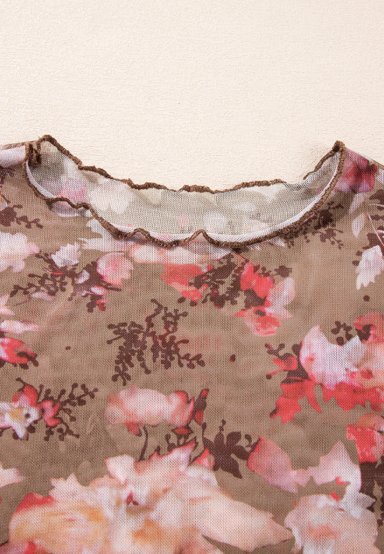 Floral Mock Neck Long Sleeve Sheer Top-Angel Casuals