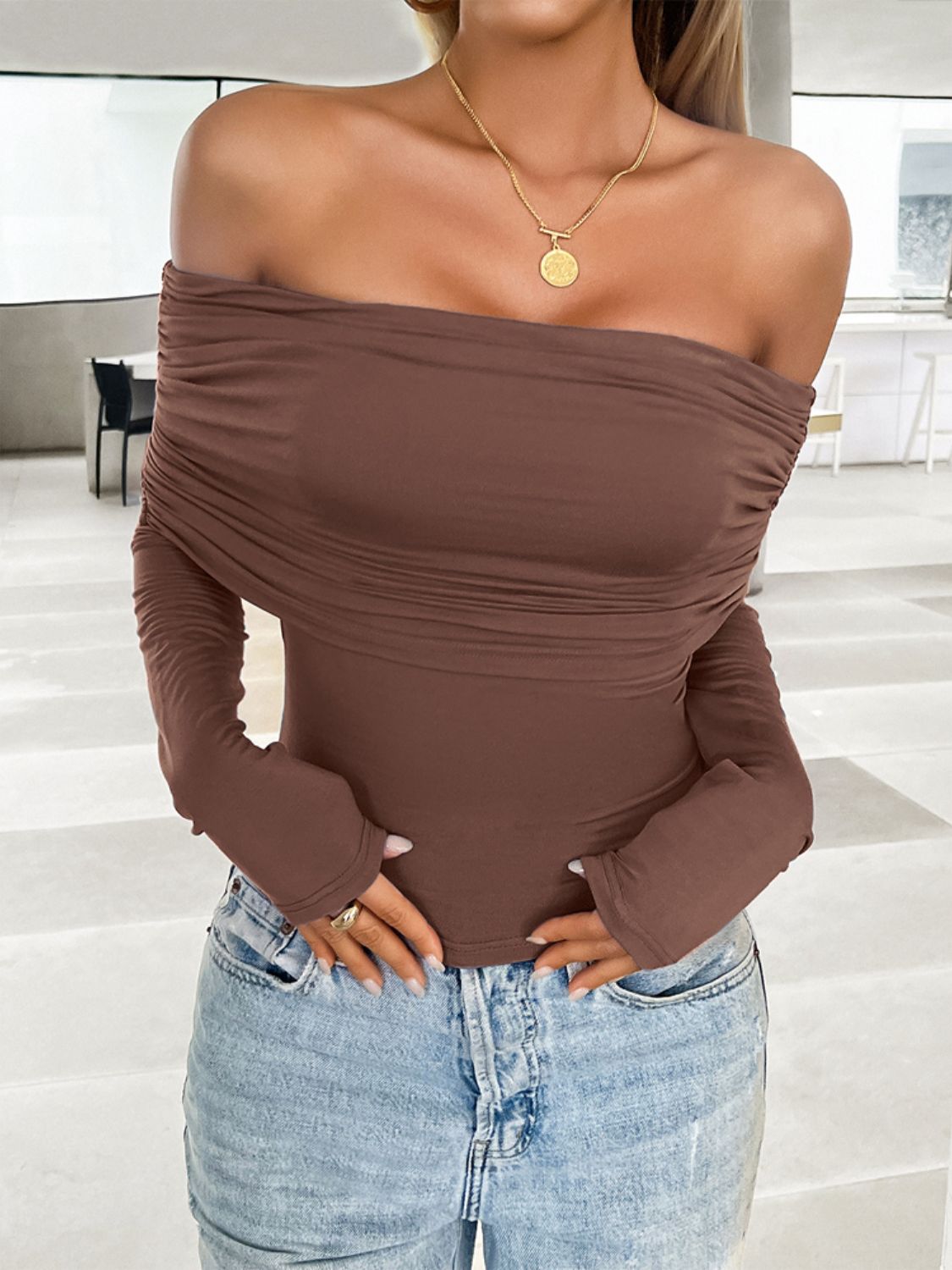 Ruched Off-Shoulder Long Sleeve T-Shirt-Angel Casuals