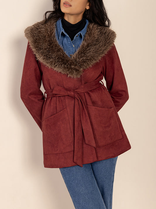 Fuzzy Collared Neck Tie Waist Jacket-Angel Casuals