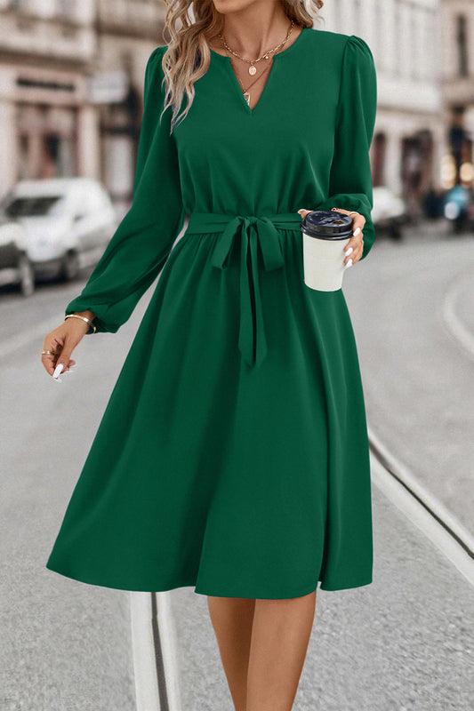 Tie Waist Notched Neck Long Sleeve Dress-Angel Casuals