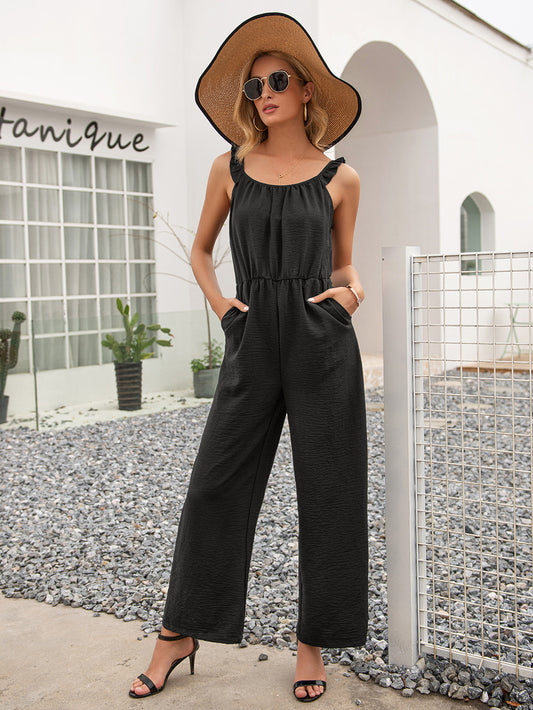 Round Neck Sleeveless Jumpsuit with Pockets-Angel Casuals