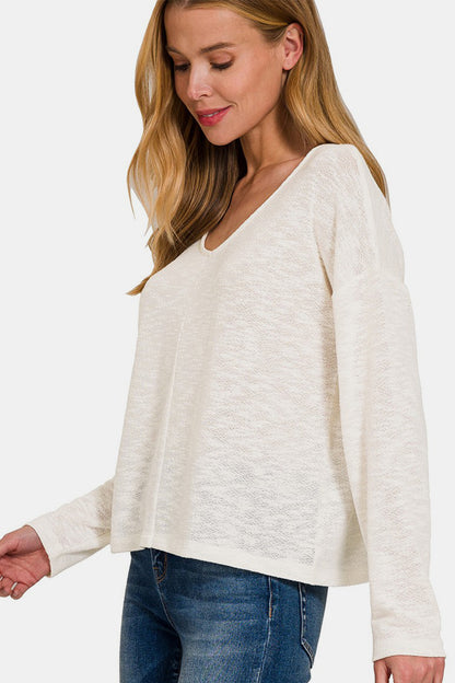 Zenana V-Neck Dropped Shoulder Long Sleeve T-Shirt-Angel Casuals