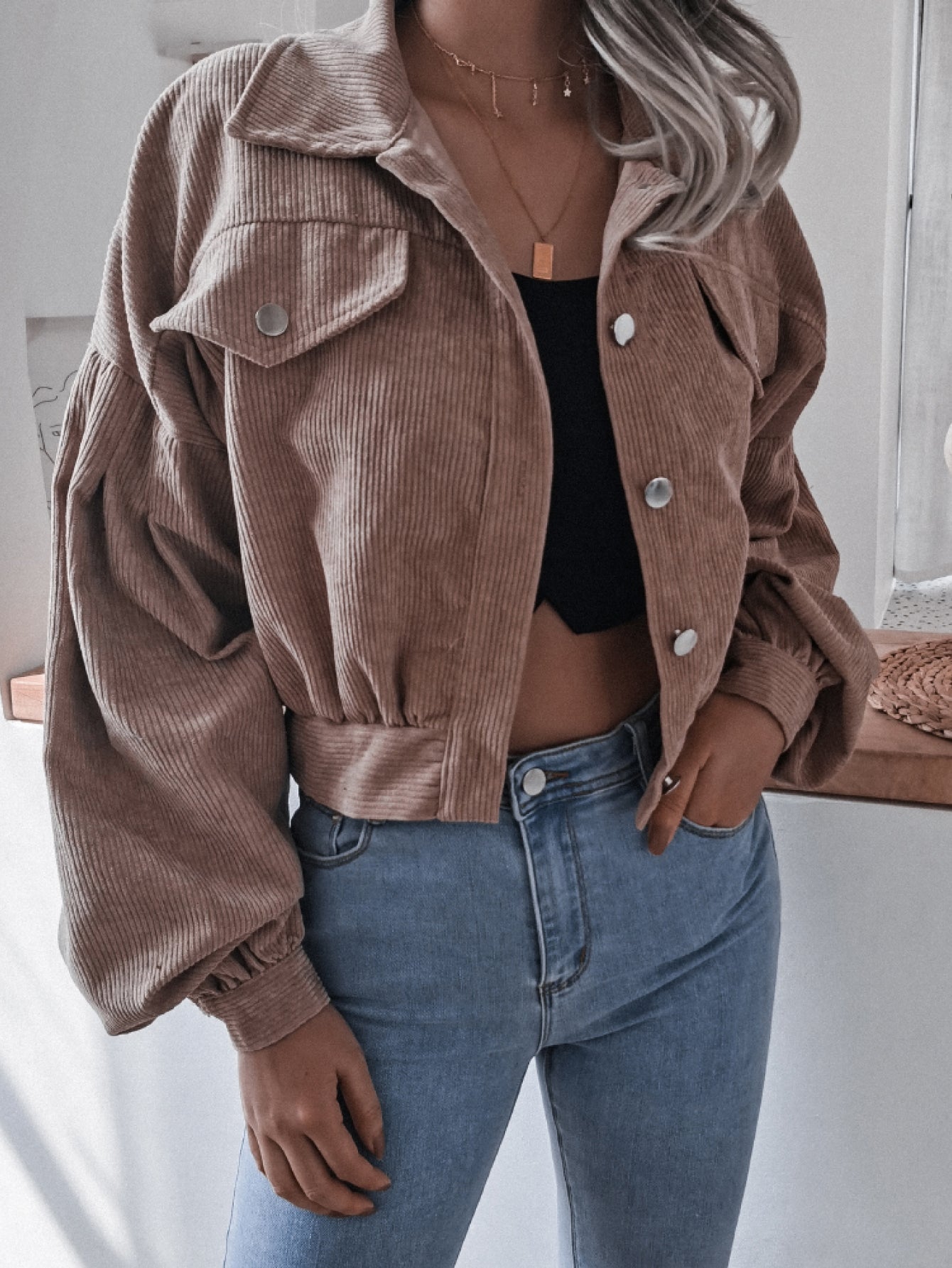 Lantern Sleeve Cropped Corduroy Jacket-Angel Casuals