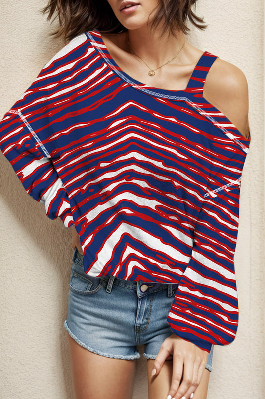 Striped Asymmetrical Neck Long Sleeve T-Shirt-Angel Casuals