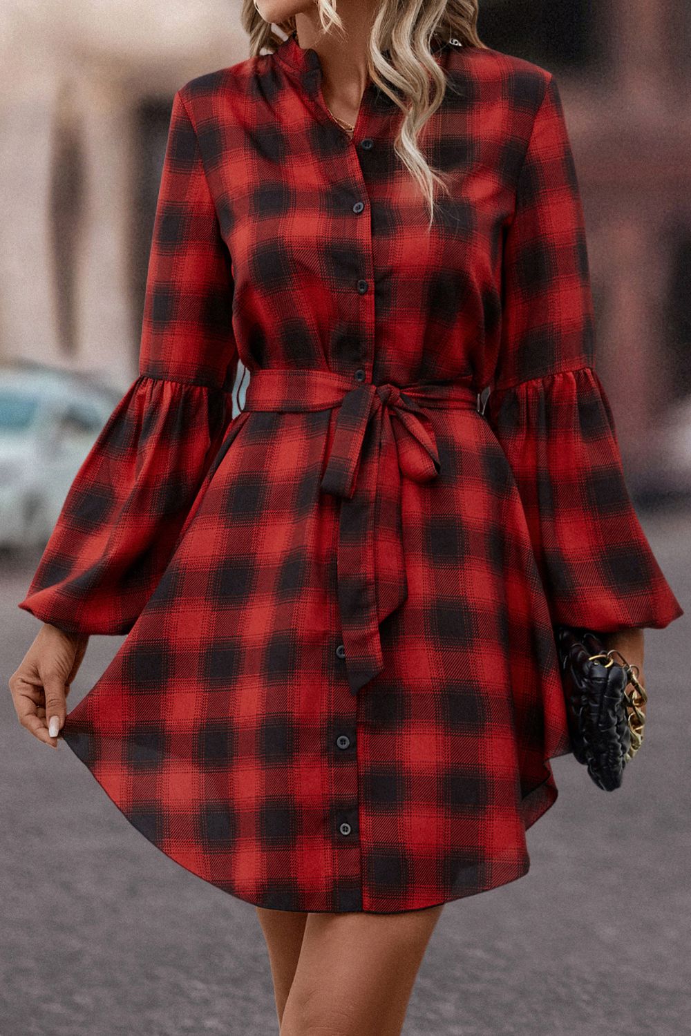 Plaid Tie Waist Balloon Sleeve Mini Dress-Angel Casuals