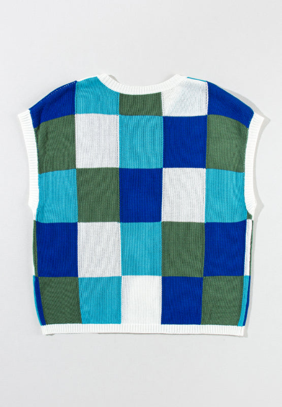 Contrast Plaid Round Neck Cap Sleeve Sweater-Angel Casuals