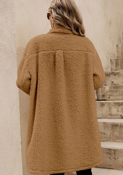 Collared Neck Long Sleeve Longline Teddy Jacket-Angel Casuals