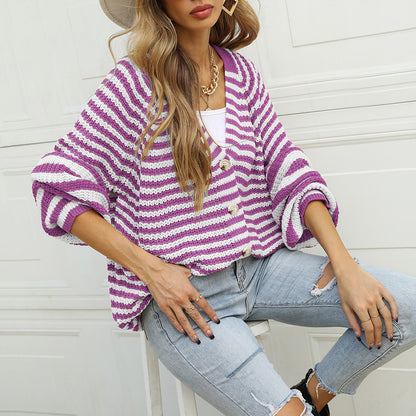 Striped Button Down Long Sleeve Cardigan-Angel Casuals