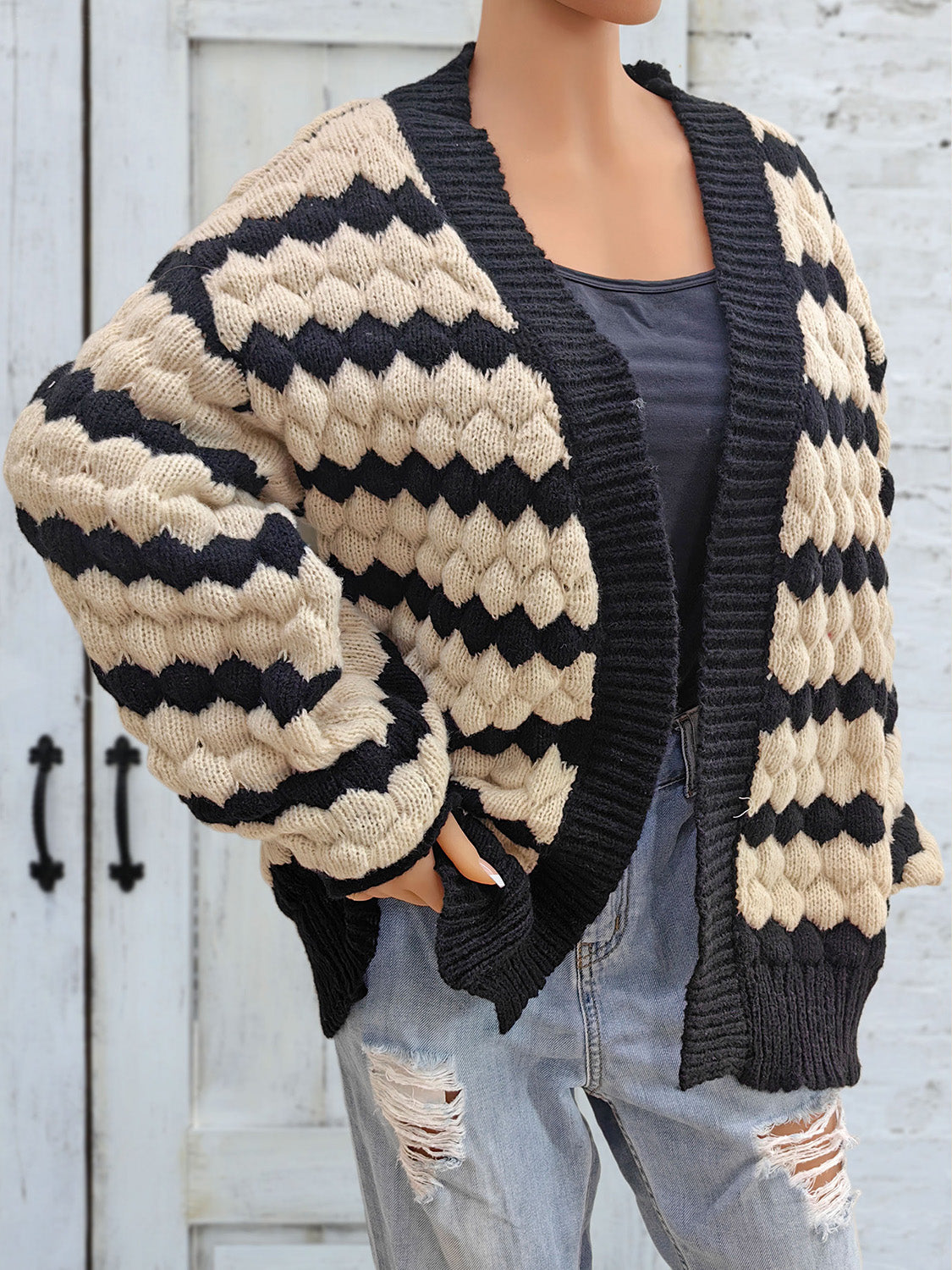 Striped Contrast Open Front Long Sleeve Cardigan-Angel Casuals