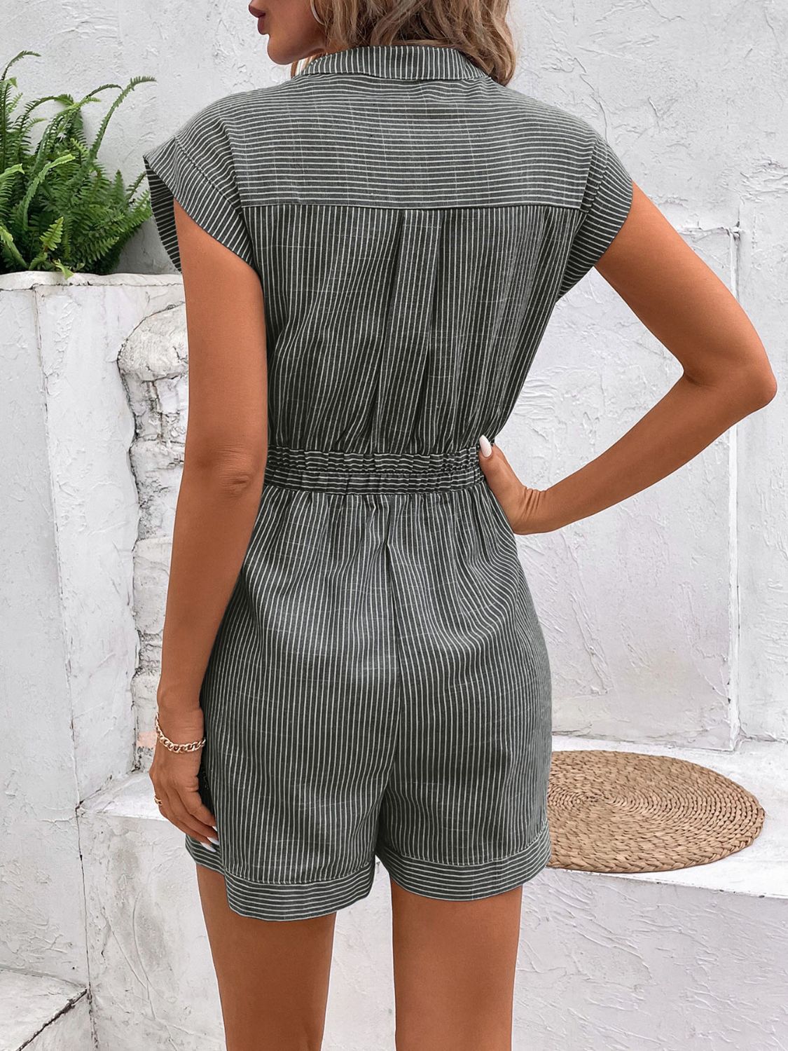 Striped Notched Tie Waist Romper-Angel Casuals