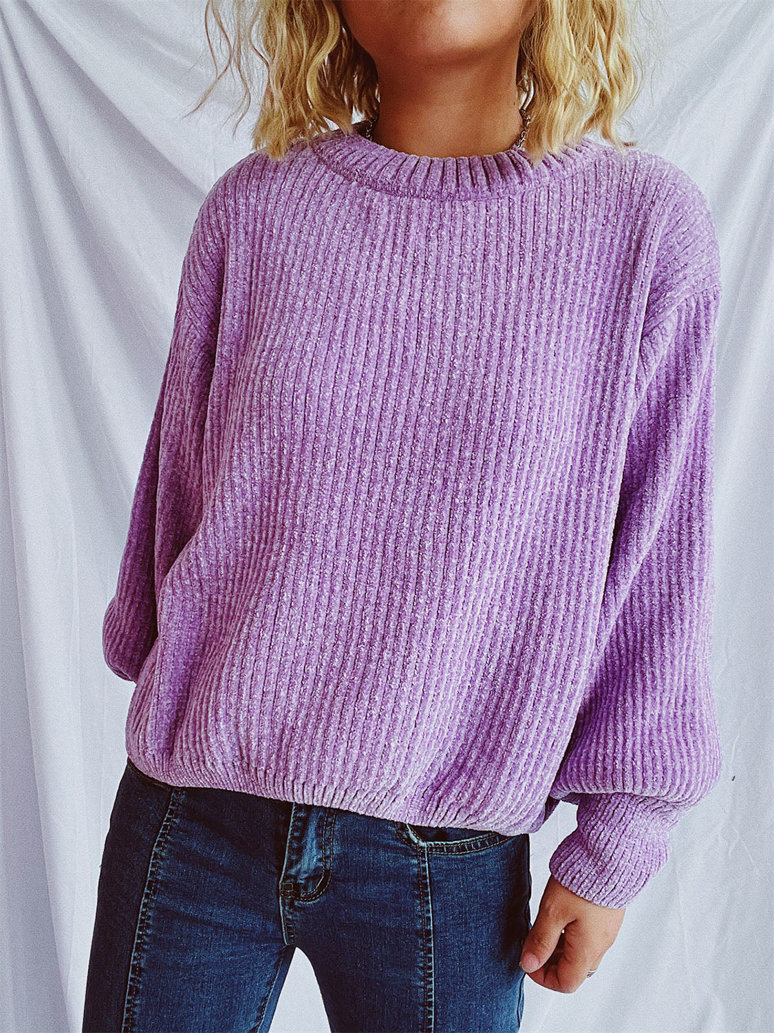 Round Neck Dropped Shoulder Long Sleeve Sweater-Angel Casuals