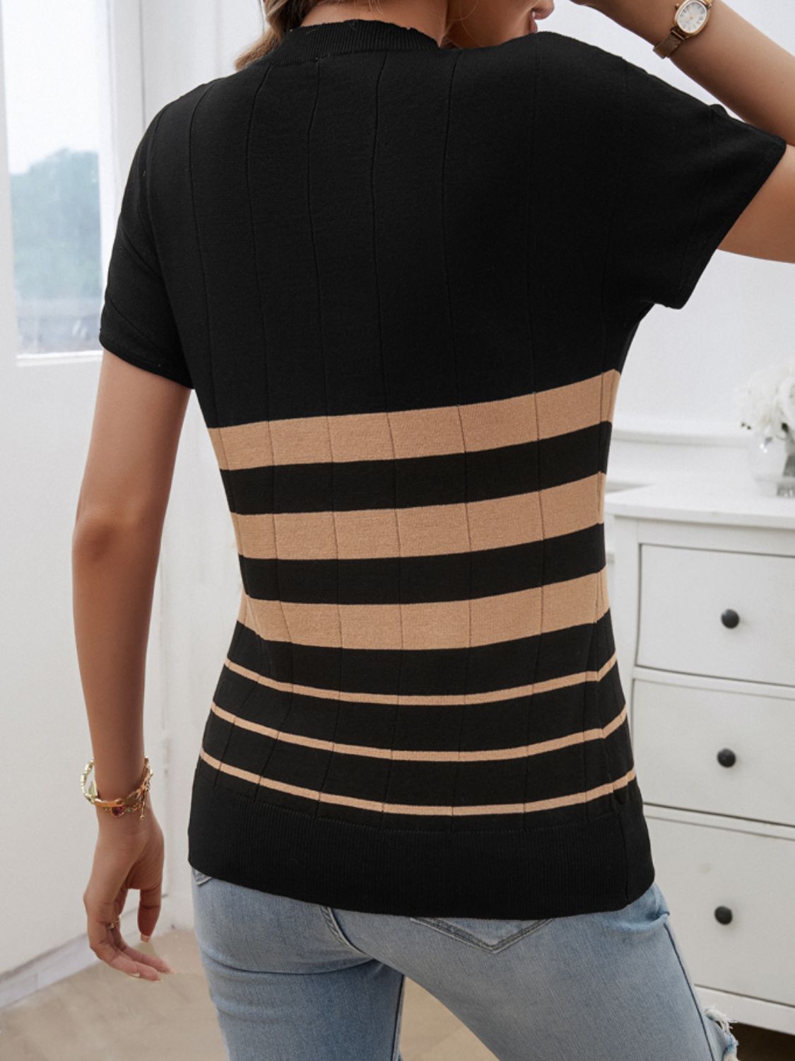 Devine Striped Round Neck Short Sleeve Knit Top-Angel Casuals