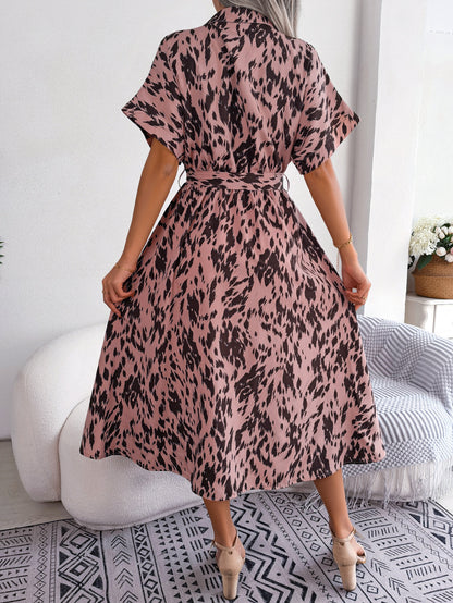 Printed Collared Neck Short Sleeve Tie Waist Dress-Angel Casuals