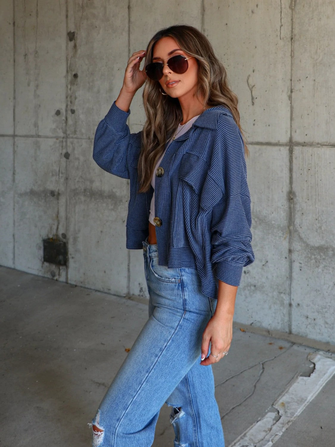 Ribbed Collared Neck Button Up Jacket-Angel Casuals