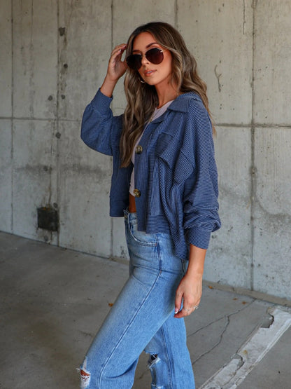 Ribbed Collared Neck Button Up Jacket-Angel Casuals