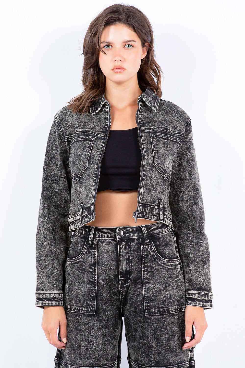 American Bazi Overdyed Bleached Zip Up Cropped Jacket-Angel Casuals