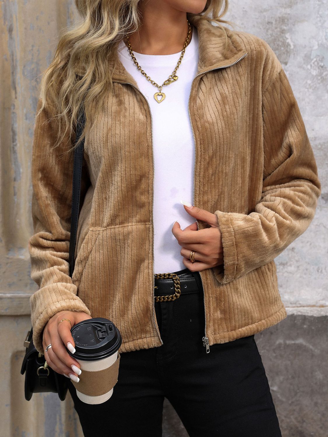 Perfee Pocketed Zip Up Collared Neck Long Sleeve Jacket-Angel Casuals