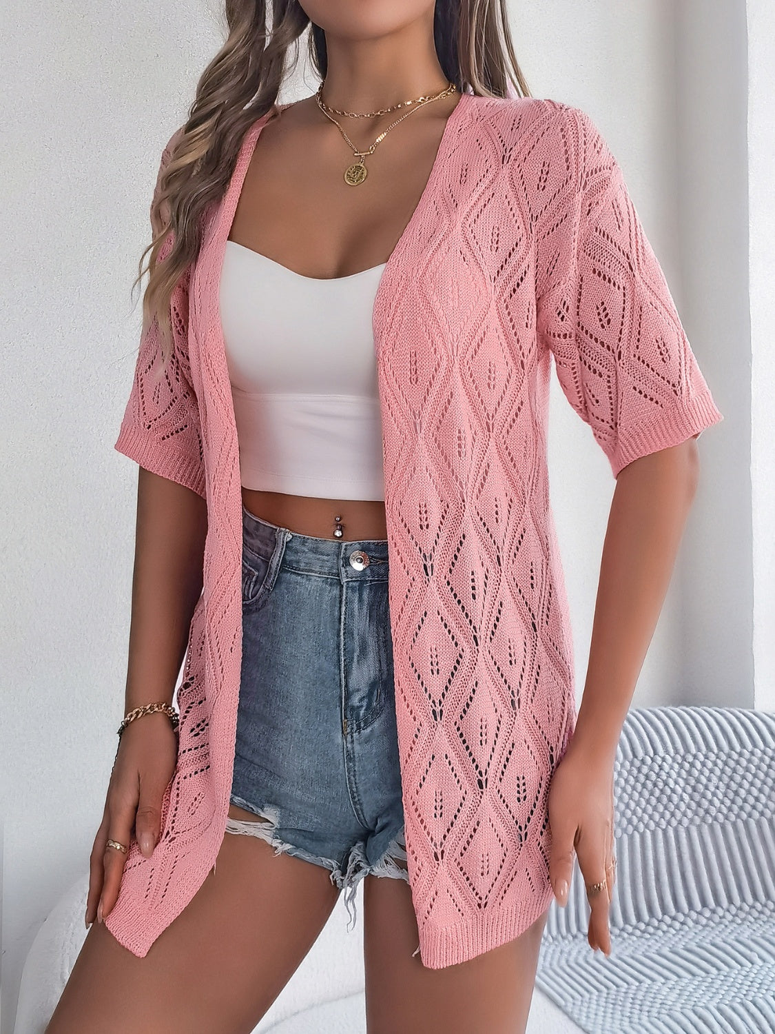 Openwork Open Front Half Sleeve Cardigan-Angel Casuals