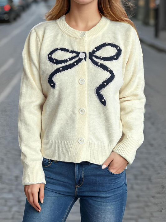 Bow Button Down Round Neck Cardigan-Angel Casuals