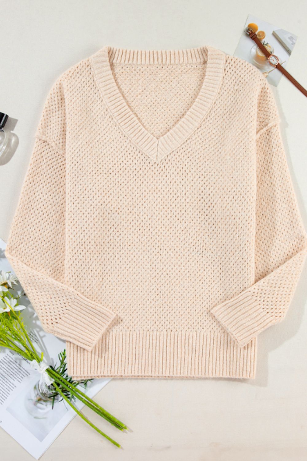 V-Neck Dropped Shoulder Long Sleeve Sweater-Angel Casuals