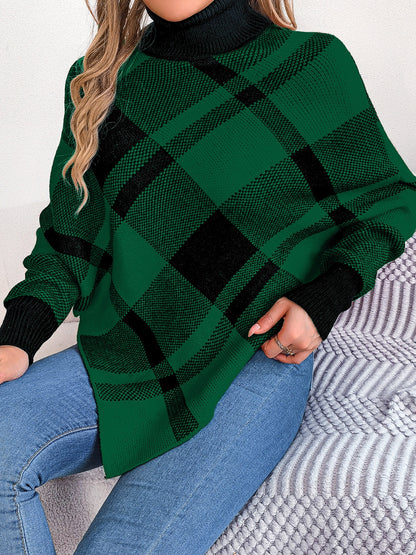 Plaid Turtleneck Batwing Sleeve Sweater-Angel Casuals