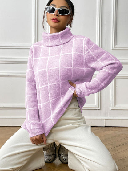 Plaid Turtleneck Long Sleeve Sweater-Angel Casuals