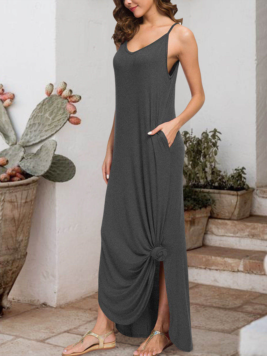 Slit Scoop Neck Sleeveless Dress-Angel Casuals