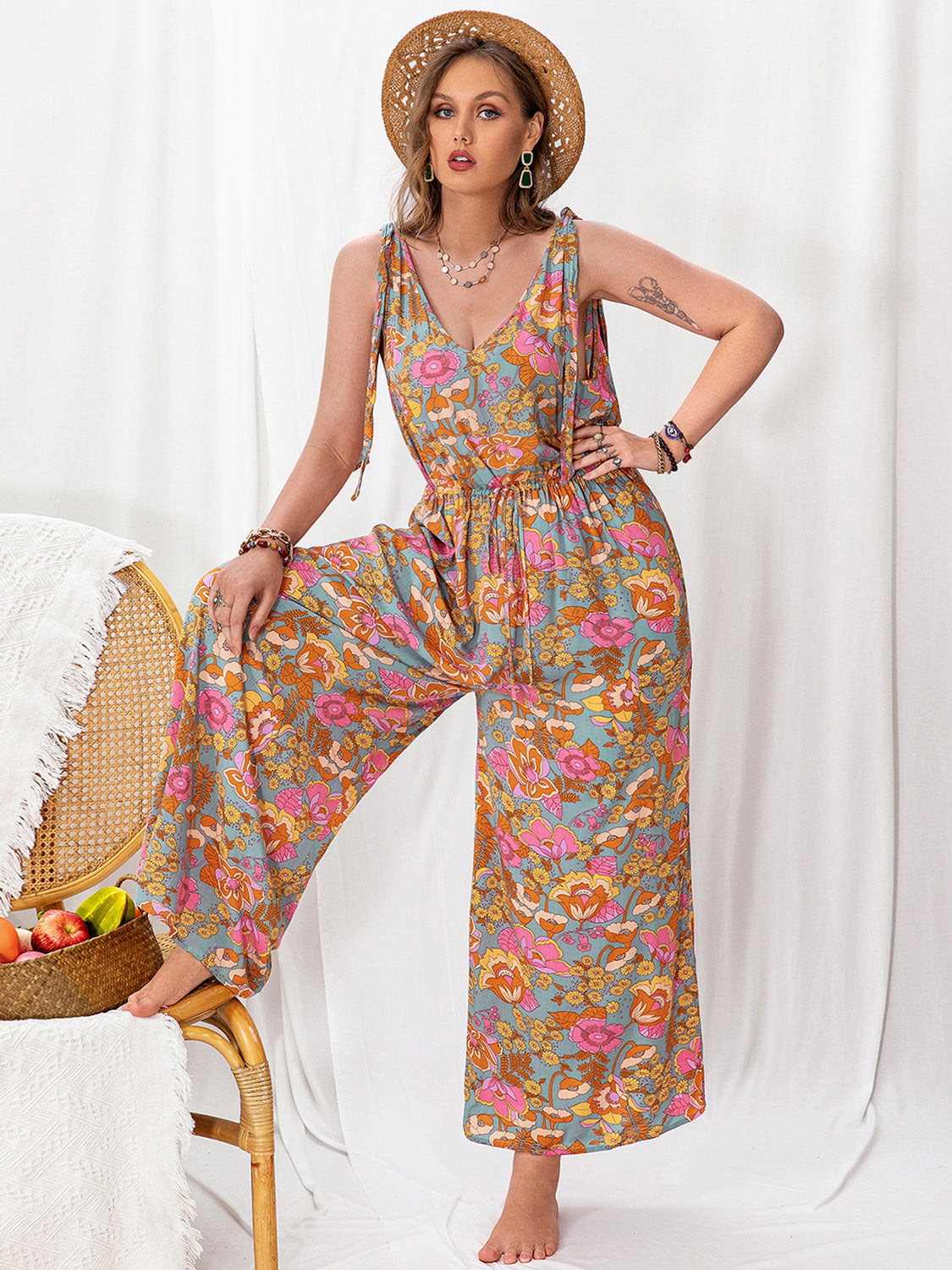 Plus Size Printed Wide Leg Sleeveless Jumpsuit-Angel Casuals