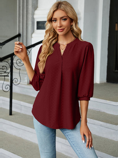 Notched Neck Three-Quarter Sleeve Blouse-Angel Casuals