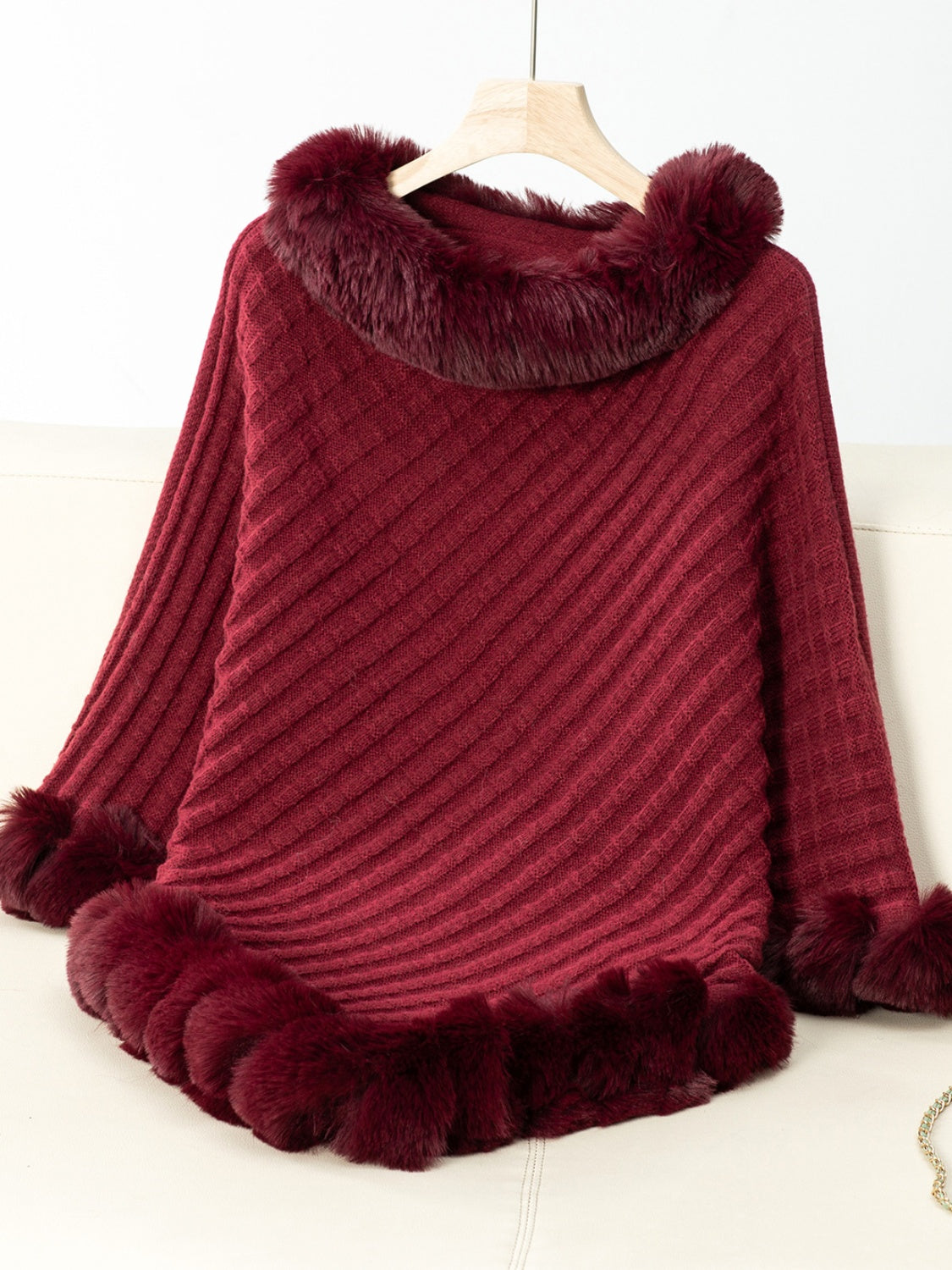 Fuzzy Trim Texture Three-Quarter Sleeve Poncho-Angel Casuals