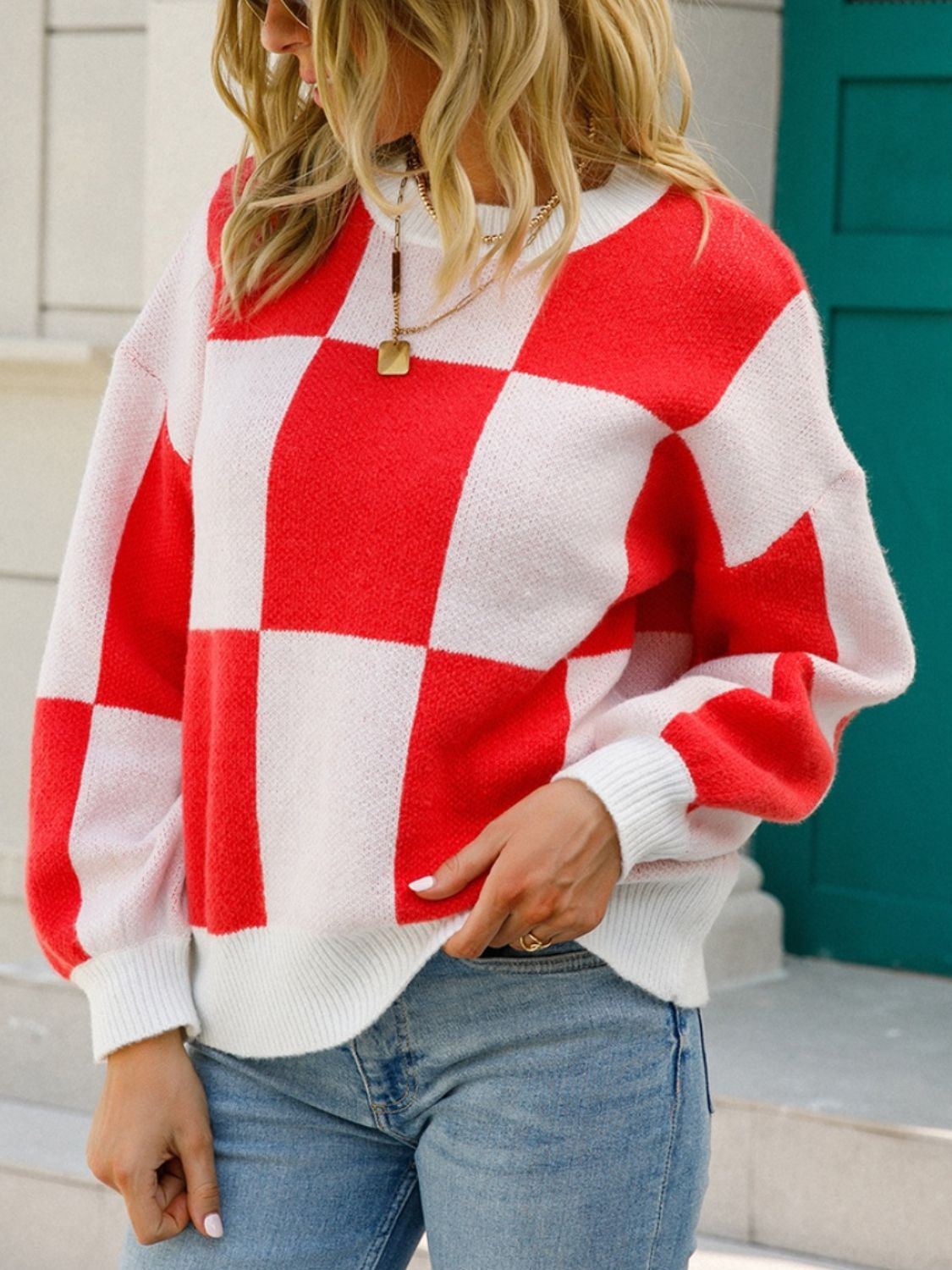 Angel Wings Checkered Round Neck Dropped Shoulder Sweater-Angel Casuals