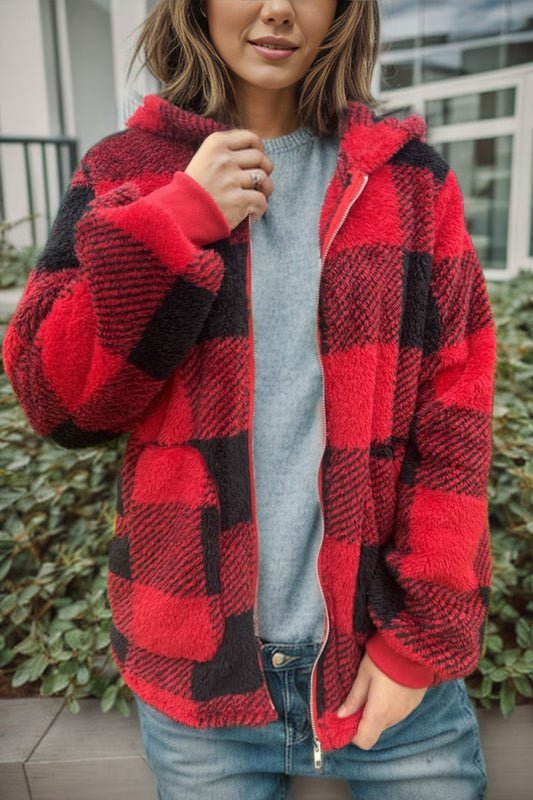Double Take Full Size Plaid Long Sleeve Hooded Coat-Angel Casuals